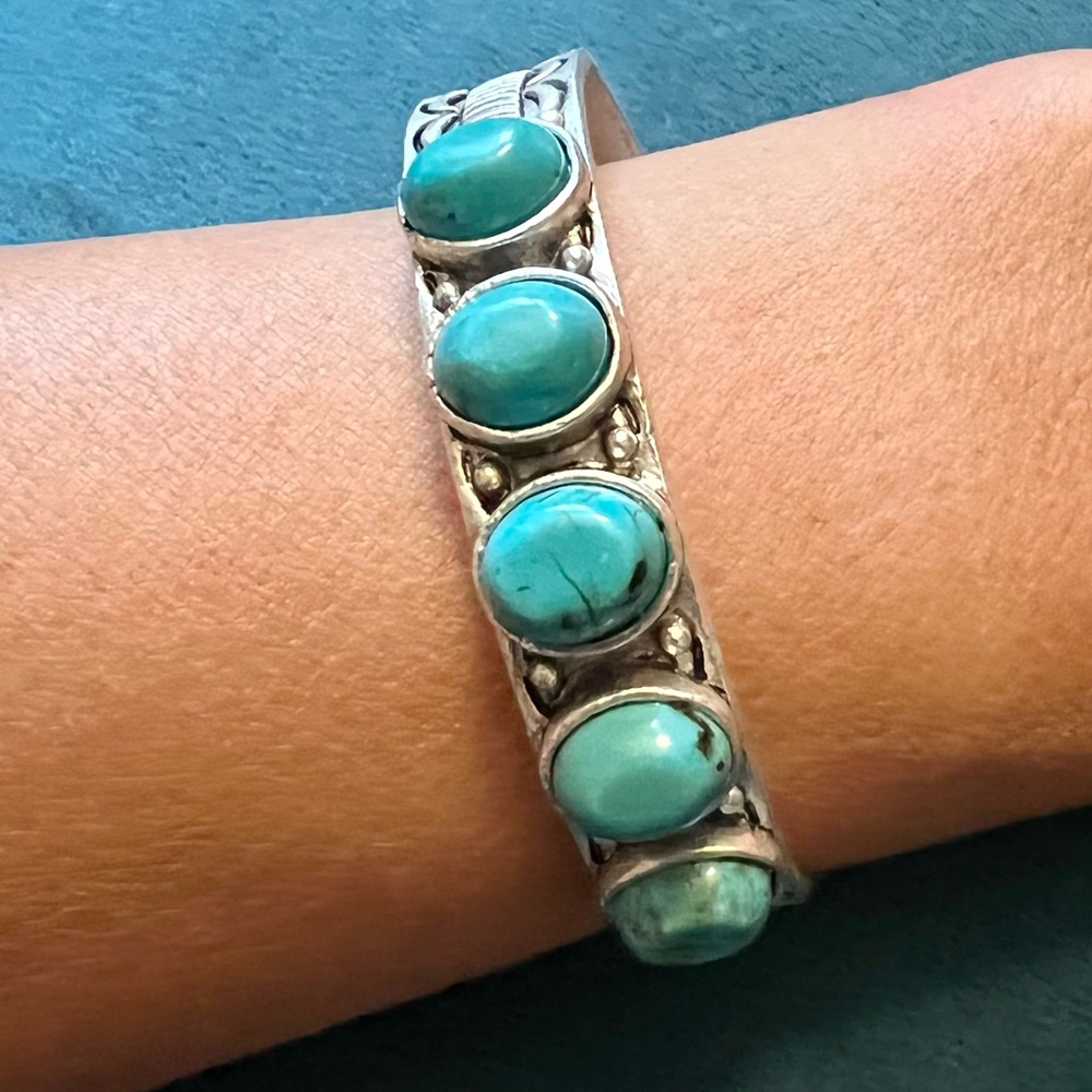 The Riya 5 Stone Turquoise Stamped Cuff Bracelet.